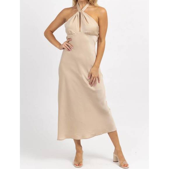 NEW LE LIS halter tie satin midi dress in champagne - Picture 2 of 6